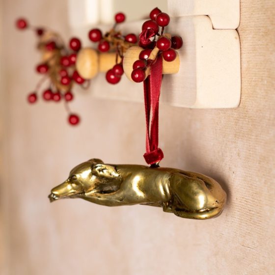Greyhound Hanging Decoration on peg with red berries