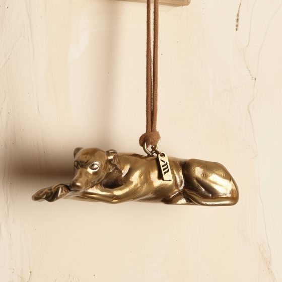 Brass-finish greyhound hanging decoration with brown suede cord